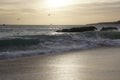 Ocean in the evening. Sunset over the waves. Clouds and bright colors of the evening sky.