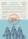 Ocean Fish Abstract Vector Packaging Design or Label. Modern Typography Banner, Hand Drawn Horse Mackerel Silhouette