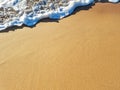 Ocean foam covering beautiful sandy beach. Closeup