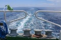 Ocean foaming water behind ferry stern. Trail on water surface. Wake of a ferry. Foaming sea water behind the stern of the ship. Royalty Free Stock Photo