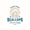 Ocean Fresh Scallops Abstract Vector Sign, Symbol or Logo Template. Hand Drawn Scallop Mollusc Sketch Illustration with