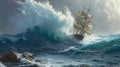 Ocean Fury: Sailing Ship Confronts Massive Wave in Perilous Seas Royalty Free Stock Photo