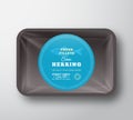 Ocean Herring Fillets. Abstract Vector Fish Plastic Tray with Cellophane Cover Packaging Design Round Label or Sticker