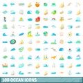 100 ocean icons set, cartoon style