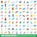 100 ocean icons set, isometric 3d style