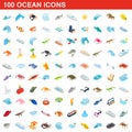 100 ocean icons set, isometric 3d style Royalty Free Stock Photo