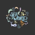 Ocean illustration of sea world. handdrawn poster with le