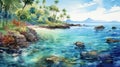 Ocean Of Indonesia Watercolor Painting Of Underwater Tropical Seaside