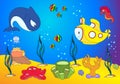 Ocean inhabitants and submarine. jellyfish, starfish, sea-horse,