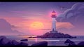 An ocean landscape with rocky coast in cloudy skies with flying gulls, a lighthouse on a seashore at sunset, a beacon Royalty Free Stock Photo