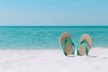 Ocean landscape And sandals on the beach. Welcome summer