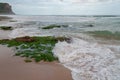 Ocean landscape with sandy beach and mild waves crashing on sandy shore Royalty Free Stock Photo