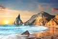 Ocean Landscape at Sundown, big rocks and stones beach Royalty Free Stock Photo