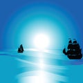 Ocean lendscape with silhouettes of sailing ship