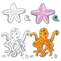 Ocean life coloring page design. Starfish and octopus