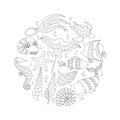 Ocean life - cute sea animal set. Linear drawing. Royalty Free Stock Photo