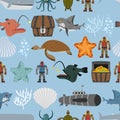 Ocean life seamless pattern. Shark and aquatic turtle, submarine