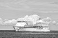 Ocean liner on blue seascape. Ship in sea in great stirrup cay, bahamas. Water transport, vessel. Adventure, discovery