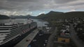 Ocean liner in the docks of Faroe Islands drone aerial.