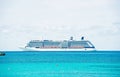 Ocean liner ship in sea on blue sky. Water transport, vessel, transportation. Vacation, wanderlust, travel. Adventure