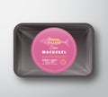 Ocean Mackerel Fillets. Abstract Vector Fish Plastic Tray with Cellophane Cover Packaging Design Round Label or Sticker