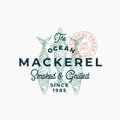 Ocean Mackerel Smoked and Grilled. Abstract Vector Sign, Symbol or Logo Template. Hand Drawn Mackerel Fish with Premium