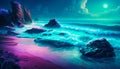 Ocean Magic, Fantasy Purple and Blue Vivid Beach with Moon Light, Generative AI
