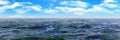 Ocean natural background, horizontal panorama with blue sky and cumulus clouds