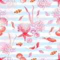 Ocean nature with fishes, red star, shells, seahorse, algae seam Royalty Free Stock Photo