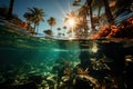 Ocean and palm tree pictures drifting on calm waters, relaxing summer scene