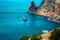 Ocean panorama. Mountain landscape. Summer time. Popular tourist place. Deep blue sea and cliff. Luxury white yachts Royalty Free Stock Photo