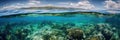 ocean panoramic view from under the water with the visible border of the water and sky. Generative AI