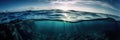 ocean panoramic view from under the water with the visible border of the water and sky. Generative AI