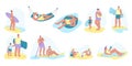 Ocean people vacation. Girl sea travel, summer family rest on pool. Man relax in hammock and swim on inflatable ring Royalty Free Stock Photo