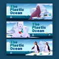 Ocean plastic pollution cartoon banners flyers set Royalty Free Stock Photo