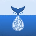 Ocean plastic pollution. Ecological poster. Tail of whale and bag with plastic bottle and garbage on blue background. Plastic