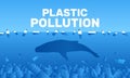 Ocean plastic pollution ecology banner concept underwater whale sinking waste floating bottles