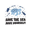 Ocean plastic pollution vector banner. Lettering with turtle Royalty Free Stock Photo