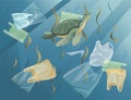 Ocean with polluted water plastic bags and bottles turtle in dirty water flat vector illustration Royalty Free Stock Photo