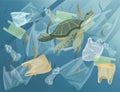 Ocean with polluted water plastic bags and bottles turtle in dirty water flat vector illustration Royalty Free Stock Photo