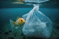 Ocean pollution concept. Fish under water in sea and plastic waste. Problem in environmental system. Created with Royalty Free Stock Photo