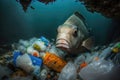 Ocean pollution concept. Fish under water in sea and plastic waste. Problem in environmental system. Created with Royalty Free Stock Photo