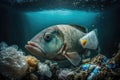 Ocean pollution concept. Fish under water in sea and plastic waste. Problem in environmental system. Created with Royalty Free Stock Photo