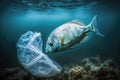 Ocean pollution concept. Fish under water in sea and plastic waste. Problem in environmental system. Created with Royalty Free Stock Photo