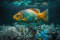 Ocean pollution concept. Fish under water in sea and plastic waste. Problem in environmental system. Created with Royalty Free Stock Photo