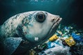 Ocean pollution concept. Fish under water in sea and plastic waste. Problem in environmental system. Created with Royalty Free Stock Photo