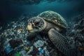Ocean pollution concept. Turtle under water in sea and plastic waste. Problem in environmental system. Created with Royalty Free Stock Photo