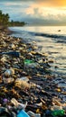 Ocean pollution. Plastic bottles and other trash on sea beach. Ecological concept. earth day, vertical poster Royalty Free Stock Photo