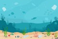 Ocean pollution, plastic bottles and trash  in water. Ecology problems concept. Panoramic seascape. Royalty Free Stock Photo