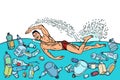 Ocean pollution by plastic trash. Ecology concept. man swimmer s Royalty Free Stock Photo